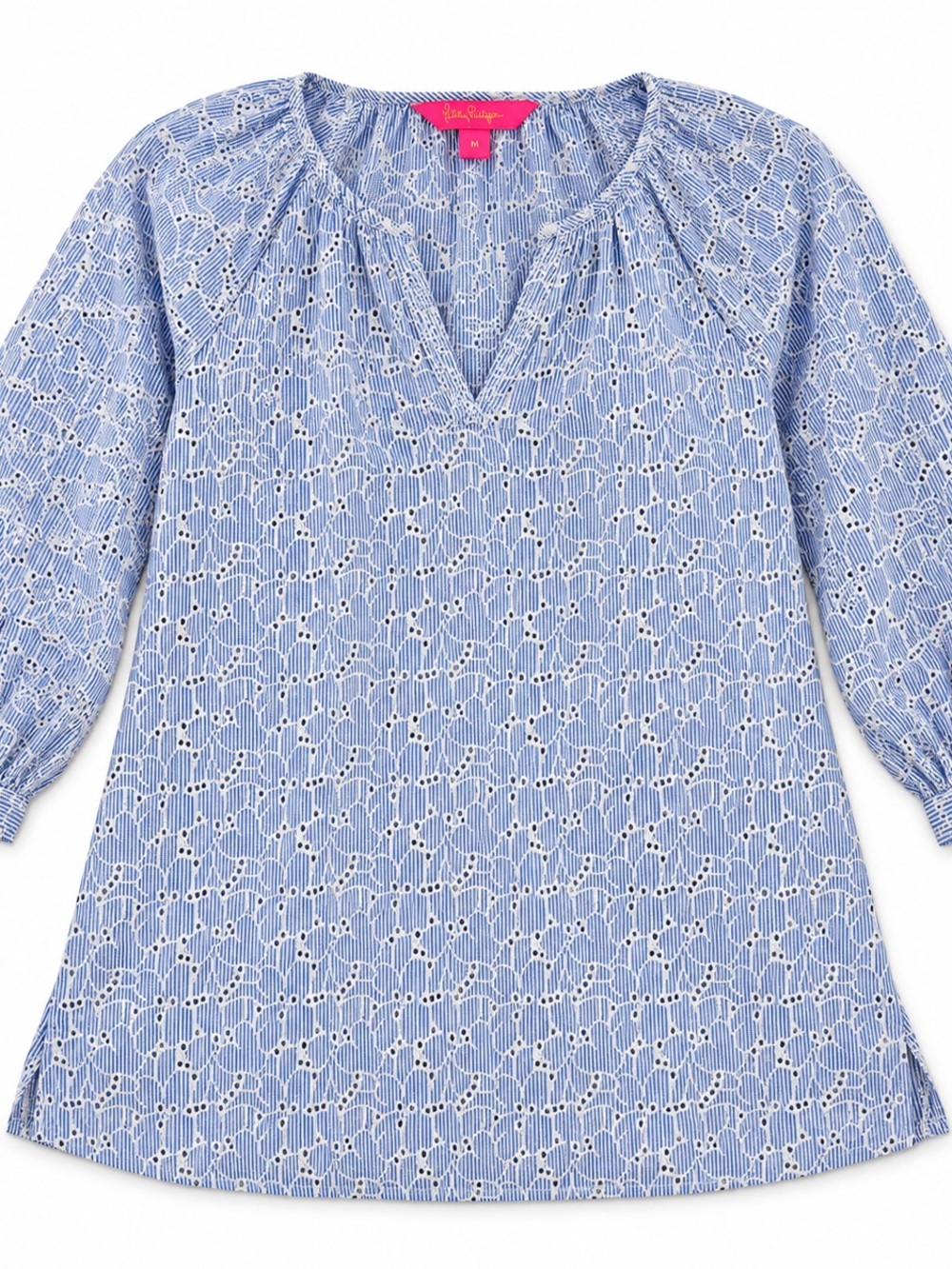 Lilly Pulitzer Willa Tunic Top Women’s Medium Blue White Eyelet Stripe Blouse